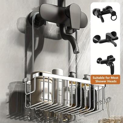 CASEGRACE 1 قطعة رف تخزين معلق على الحائط للحمام - سلة استحمام خفيفة الوزن من الألومنيوم توفر المساحة مع أقسام متعددة لشامبو والبلسم والإكسسوارات، بتشطيب مطفي، بدون تجميع مطلوب، منظمات وتخزين الحمام، رفوف