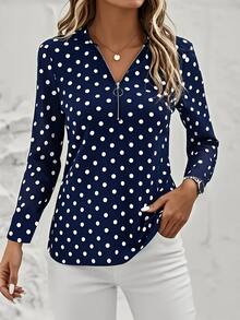 Camiseta estampada de moda para mujer, top de manga larga con cuello en V casual, diseño con cremallera, cómodo y elegante, lavable a máquina - adecuado para uso diario y ropa de estar en casa, ropa de mujer