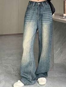 Women's High Waist Loose Straight Leg Dark Blue Denim Jeans
