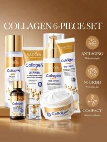 Set de 6 piezas de cuidado de la piel de colágeno, incluye 100g de humectante, 30ml de suero, 20g de crema para ojos, 100g de limpiador, 120ml de tónico, 80ml de loción, hidratante y nutritivo, apto para todo tipo de piel, set rejuvenecedor, regalo para mamá, novia, antienvejecimiento y blanqueador