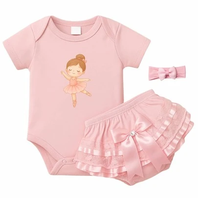 Look Bailarina Bebe 3 PEÇAS Body Rosa Fofo 100% Algodao Macio