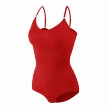 1 pieza Body sin mangas con cuello en V para mujer, control de abdomen y levantamiento de glúteos, alta elasticidad - Rojo - Ver 12