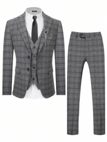 3 PiecesMen's Plaid Suit Set, Including Jacket, Vest And Pants, Minimalist And Fashionable Style, Casual Everyday Wear - Grey - View 3