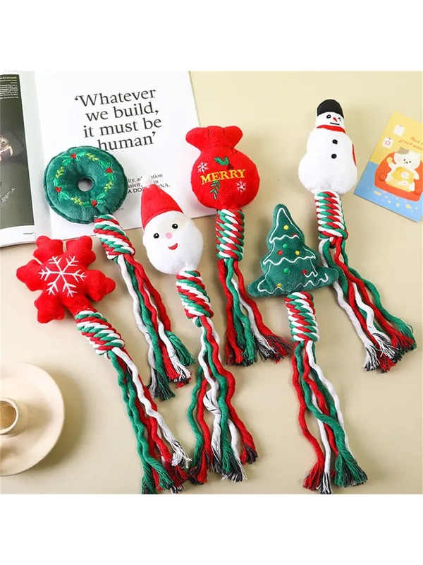 لعبة حبل تنظيف الأسنان بتصميم عيد الميلاد من القماش المخملي، لعبة مضغ متينة لتنظيف أسنان القطط والكلاب