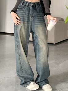 Women's High Waist Loose Straight Leg Dark Blue Denim Jeans