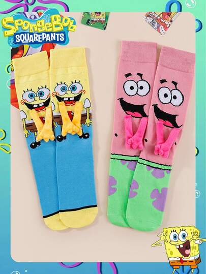 SpongeBob SquarePants 1/2 Pair SpongeBob Striped Crew Socks, Magnetic Handheld DIY Cartoon Socks, Best Gift For Friends, Suitable For Holiday Party Decoration, Home Decor, Room Decor