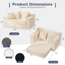 Convertible Sofa Bed, 3 In 1 Loveseat Folding Couch Bed Foldable - Boneless Couch & Floor Futon Sleeper, Corduroy Pull Out Sofa Bed With 4 Pillows For Living Room - Màu be - Xem 9