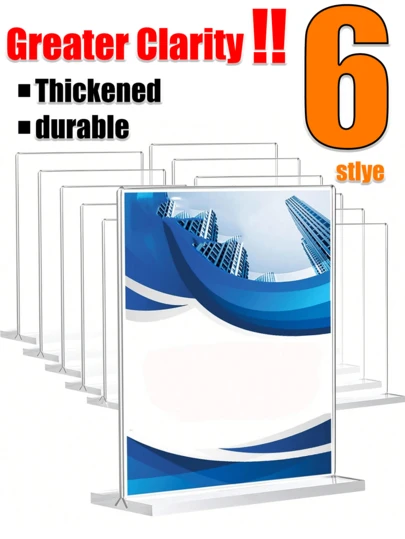 Skylthållare i akryl i 3 storlekar - Genomskinligt T-format plastdisplayställ, dubbelsidigt pappersställ och skyltställ för menyer, flygblad, bilder - Hållbart pappersställ och förvaringsbehållare i akryl för kontor, detaljhandel, utställning, restaurang, bröllop