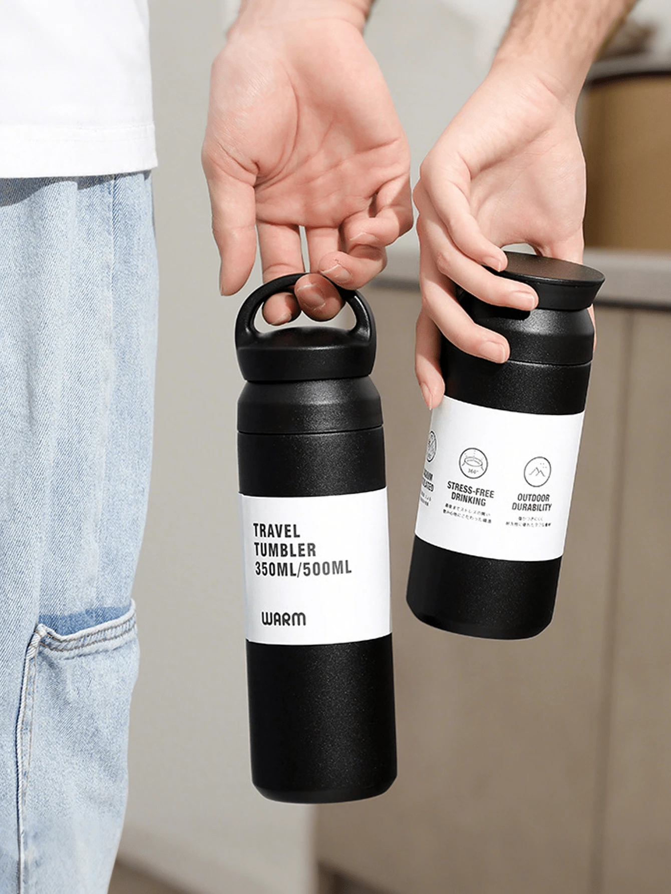 1pc 500ml Stainless Steel Insulated Cup, Handle & Flat Lid, Solid Color, Vacuum Tumbler For Hot Cold Drinks, Travel Water Bottle, Flat-Bottom , Ideal Gift For Men Women, Mother's Day Birthday Holiday Graduation Outdoor, Car Cup Compatible - Multicolor - View 1