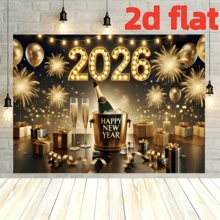 1pc 2d 2026 New Year's Eve Balloon Style Banner Background Fabric - Featuring Balloon, Fireworks, Gift Box, Champagne Pattern Designs, Polyester Material, Large Size Background Fabric In Gold And Black, Multiple Size Options, Suitable For 2026 Party Decoration. - Multicolor - View 3