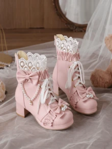 Kawaii Shoes For Women,Goth Lolita Platform Boots,Bow Ankle Boots Cute Sweet Cosplay Shoes - Hồng - Xem 1