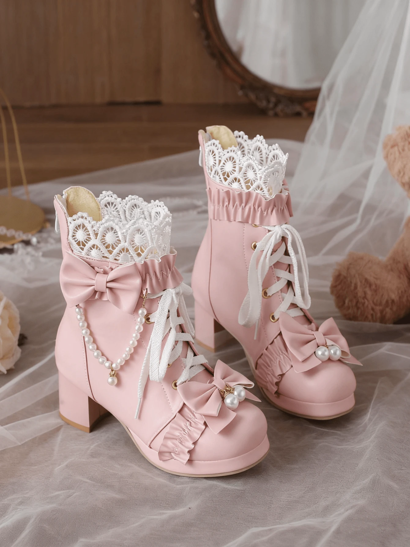 Kawaii Shoes For Women,Goth Lolita Platform Boots,Bow Ankle Boots Cute Sweet Cosplay Shoes - Hồng - Xem 1