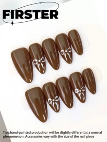 10 piezas de uñas postizas de almendra de longitud media-larga hechas a mano, uñas postizas, uñas marrones, uñas simples para uso diario, uñas postizas de otoño, uñas brillantes, kit de uñas de gel de polímero, lazo, accesorios para uñas, adecuado para damas de oficina, citas diarias, té de la tarde y actividades al aire libre