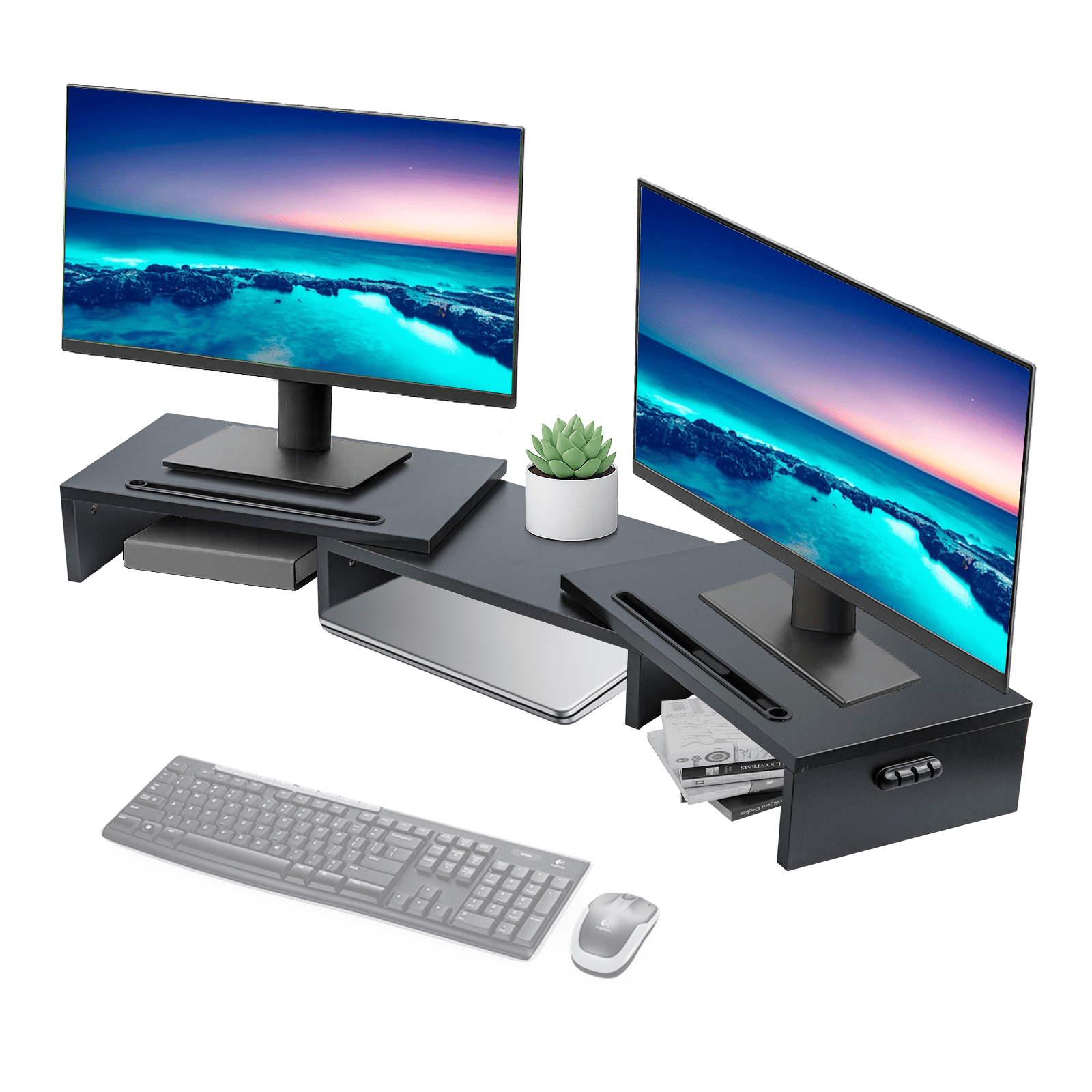 Monitor Stand In Wood – Adjustable Length And Viewing Angle For PC And Portable Displays (Black)