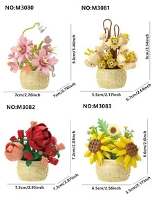 1361pcs Realistic Preserved Flower Building Blocks Basket, Roses/Sunflowers/Tulips/Lily Of The Valley/Roses/Lilies/Roses/Peonies/Jasmine Creative 3D Assembly Building Blocks Potted Succulent Plants Desktop Decor, Birthday/Halloween/Christmas Gift - Multicolor - View 3