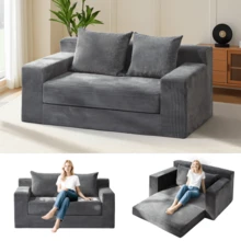 Convertible Sofa Bed, 3 In 1 Loveseat Folding Couch Bed Foldable - Boneless Couch & Floor Futon Sleeper, Corduroy Pull Out Sofa Bed With 4 Pillows For Living Room - 灰色 - 查看 1