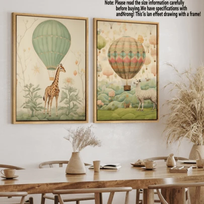2 Pieces Kindergarten Hot Air Balloon Print Set Retro Nursery Decor Children's Animal Illustrations Wall Art, Posters, Framed Wall Art Room Arrangement Wall Art Room Decor Aesthetics Retro Decor Living Room Wall Art - Canvas Material (Optional Frame)
