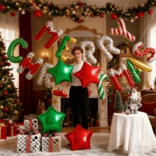 圣诞快乐气球横幅，圣诞字母铝箔气球，带圣诞礼物，红色、绿色、星形气球，适用于室内外圣诞派对装饰 - 彩色 - 查看 6