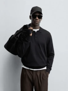 Camvyn 男士休闲宽松高领套头毛衣，街头风叠穿，秋冬款 - 黑色 - 查看 1