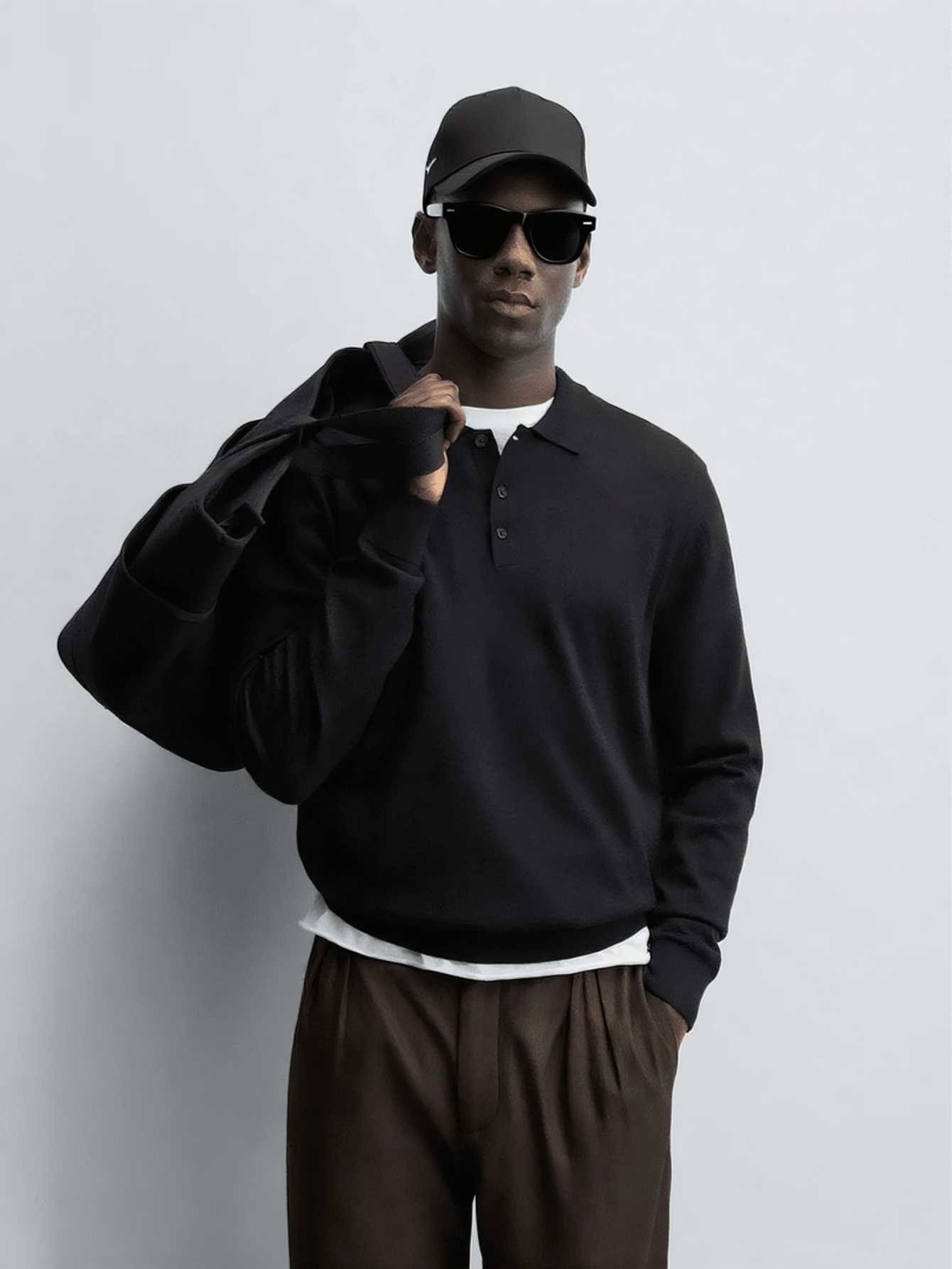 Camvyn 男士休闲宽松高领套头毛衣，街头风叠穿，秋冬款 - 黑色 - 查看 1