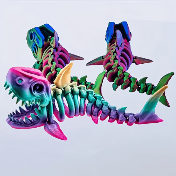 3D Printed Movable Shark Skeleton Action Doll With Flexible Joints - Neon Glow In The Dark Skeleton, Movable Chin And Sharp Teeth, Dynamic Movable Tail And Head