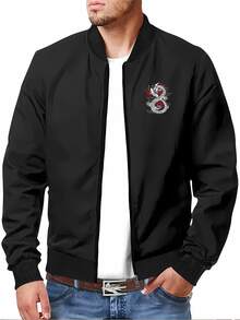 Men's Stylish Dragon Graphic Print Varsity Jacket, Casual Round Neck Long Sleeve Sportswear Outerwear,  Street Style Lightweight Active Coat For Men Fashion - 黑色 - 查看 2