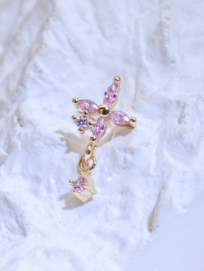 1pc L-Shaped Gold Color Rhinestone Flower Nose Ring With Pendant