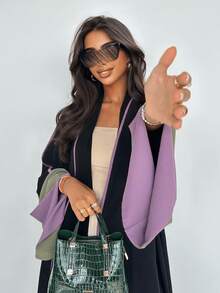 万圣节撞色袖口长款开衫长袍，宽松修身优雅外套，女巫风格黑色拼布设计外套 - 黑色 - 查看 4