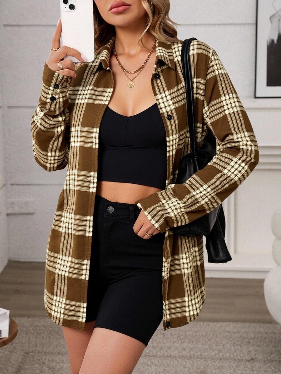 Descripción del Producto: Camisa Elegante de Cuadros para Mujer - Caqui oscuro - Ver 1