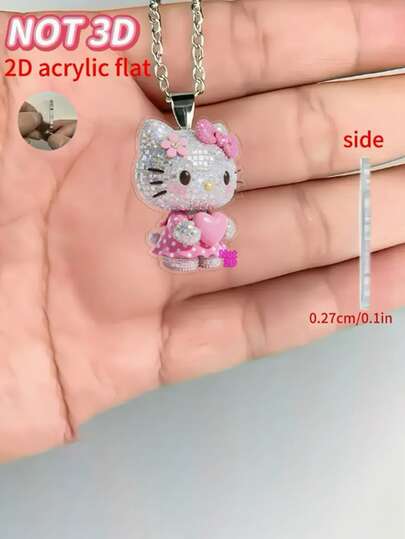Sanrio 1 pieza Collar de Hello Kitty en 2D - Vestido rosa lindo con colgante de corazón, joyería para uso diario o fiesta, regalo de cumpleaños/San Valentín para niñas y mujeres - Accesorio oficial de Hello Kitty, joyería de moda, con brillantes rhinestones, colgante, encanto adorable, para amantes de Kawaii, 2D plano
