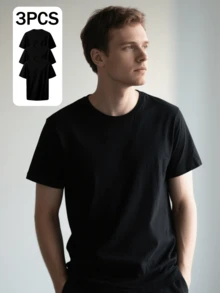 XCGV JK 3pcs Pack Men's Knitted Casual Round Neck Short Sleeve T-Shirt, SKIN-FRIENDLY WEARWITH NO SWEATINESS,CLASSIC CREW NECK FITS ALL FACE SHAPES - 黑色 - 查看 3