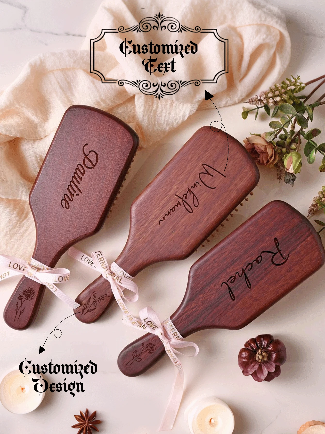 Custom Engraved Red Sandalwood Massage Brush - Personalize With Name Or Initials. The Ultimate Scalp Care & Detangling Experience With An Air-Cushion Base & Flexible Nylon Bristles. A Unique & Functional Gift For Her To Promote Relaxation & Hair Health.