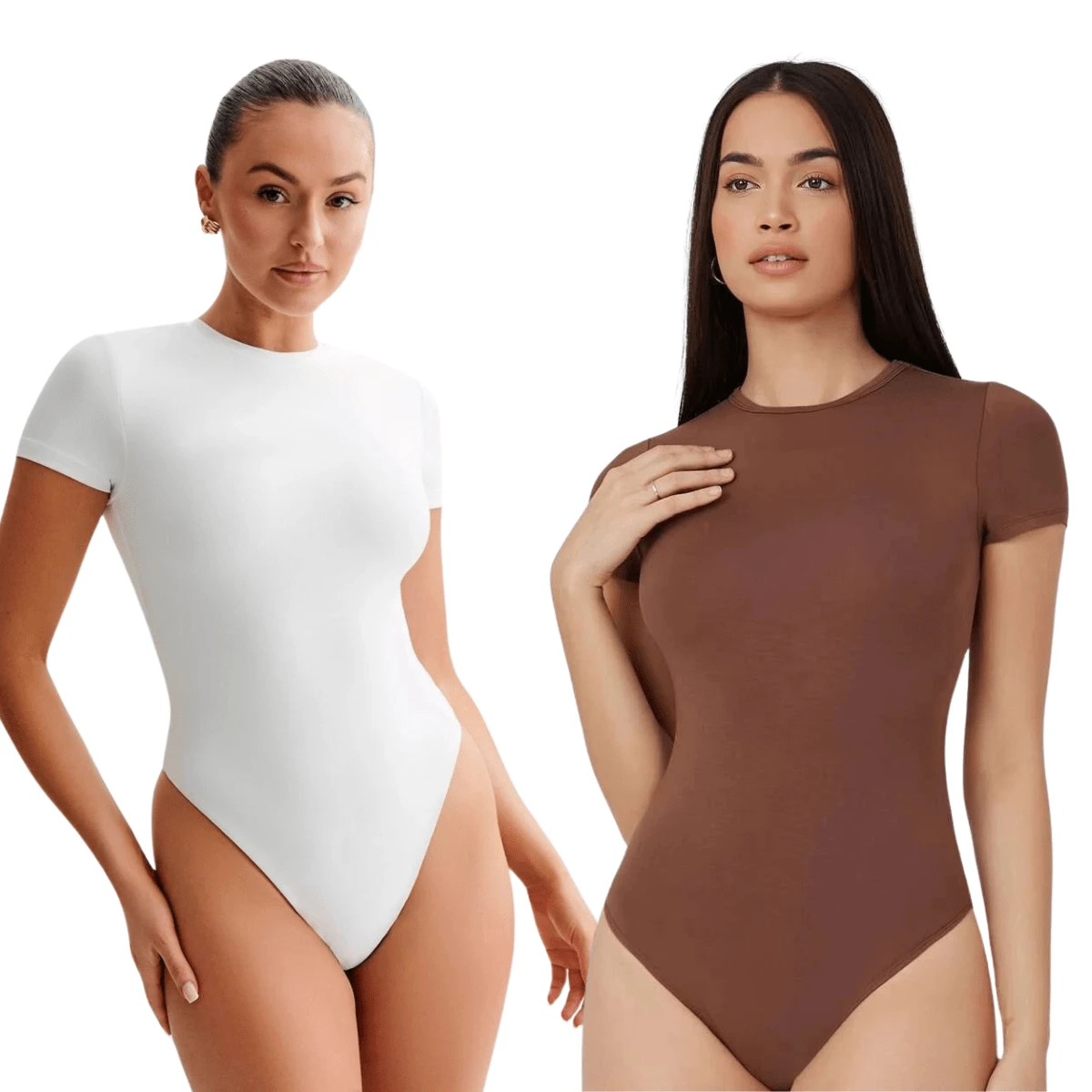 Kit 2 Women's Bodysuits, Short Sleeve, Round Neck, Plain Suplex, Double Lining - 棕色和白色 - 查看 1