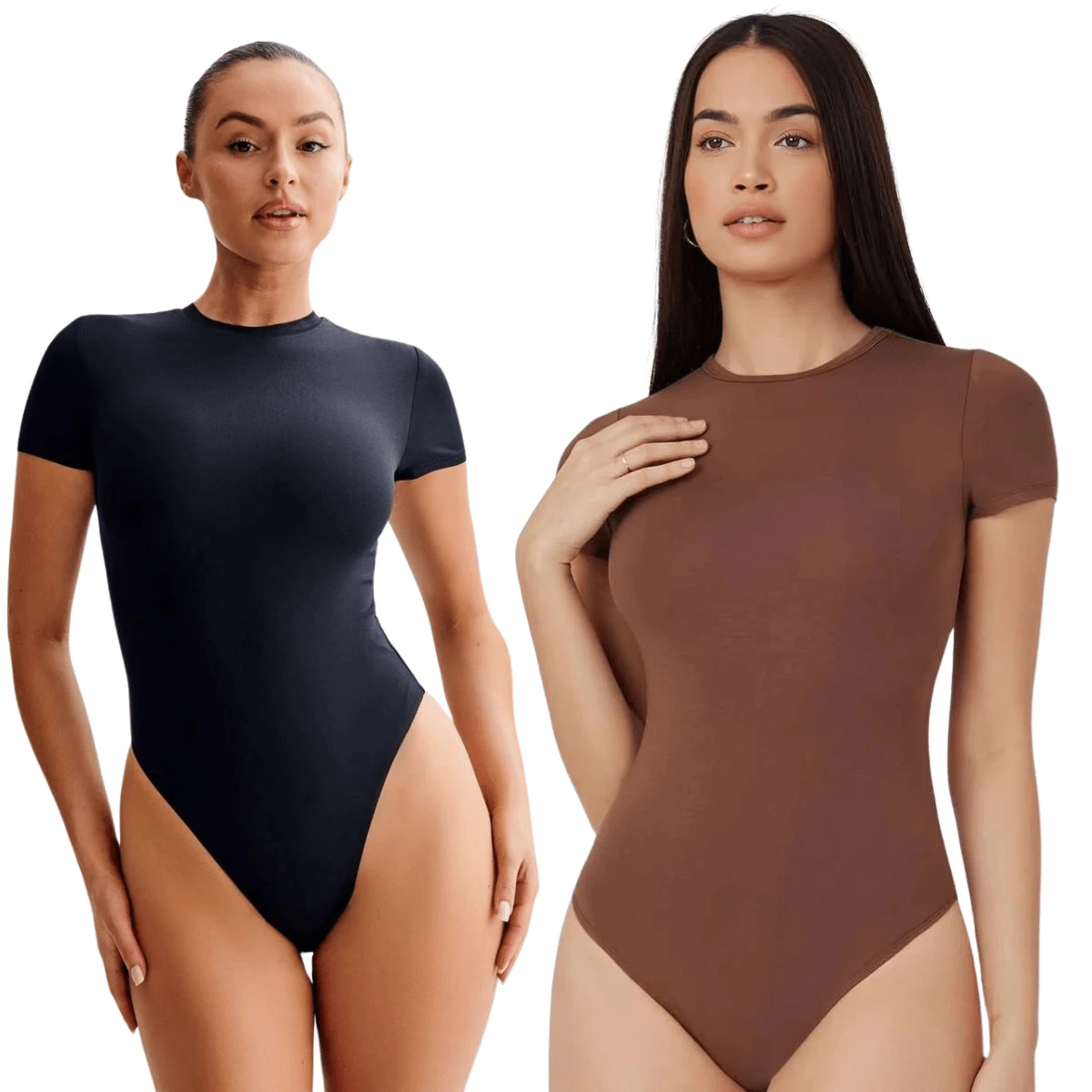 Kit 2 Women's Bodysuits, Short Sleeve, Round Neck, Plain Suplex, Double Lining - Đen và Nâu - Xem 1