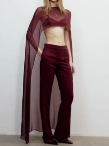 Women Chiffon Long Cape High Low Flowy Poncho Sheer Mesh Shawl And Wraps Capelets Bridal Wedding Evening - 酒紅色 - 查看 5