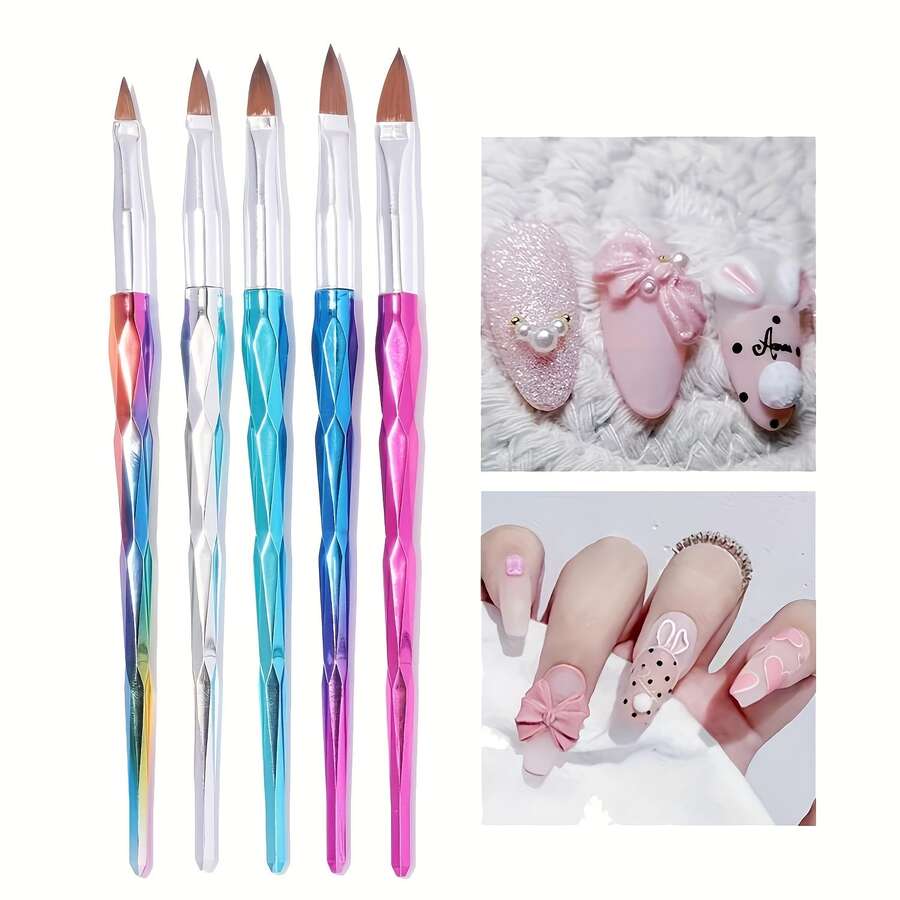 美甲刷五件套，包含美甲彩绘刷、美甲勾线刷、美甲凝胶刷、美甲清洁刷、指甲油刷、亚克力美甲刷、修甲刷，适用于美甲沙龙和家庭DIY。