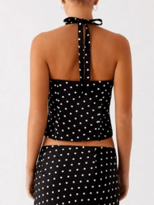 Women Polka Dot Skirts Set Sleeveless Halter Neck Slim Fit Crop Top Bodycon Maxi Skirt Sets Summer Outfits - 黑色 - 查看 3