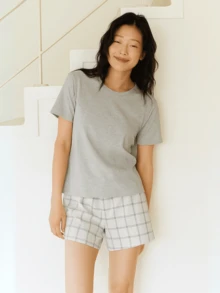 Women's Modern Short Plaid Pajamas - Grey - View 1