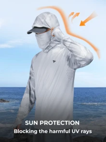 RODEEL Sun Hoodie Shirts W/ Removable Mask Neck Gaiter Men UPF 50+ UV Protection Long Sleeve Lightweight Quick Dry Moisture Wicking Breathable Cooling Athletic Activewear For Outdoor Hiking Fishing Construction Roofing Landscaping Work, Gifts For Men - 淺灰色 - 查看 7
