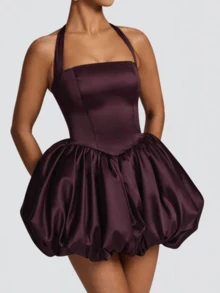 Women Sleeveless Halter Dress Summer Casual Tie Up Backless Corset Bubble Party Dress For Beach Club Streetwear - Cà phê - Xem 1