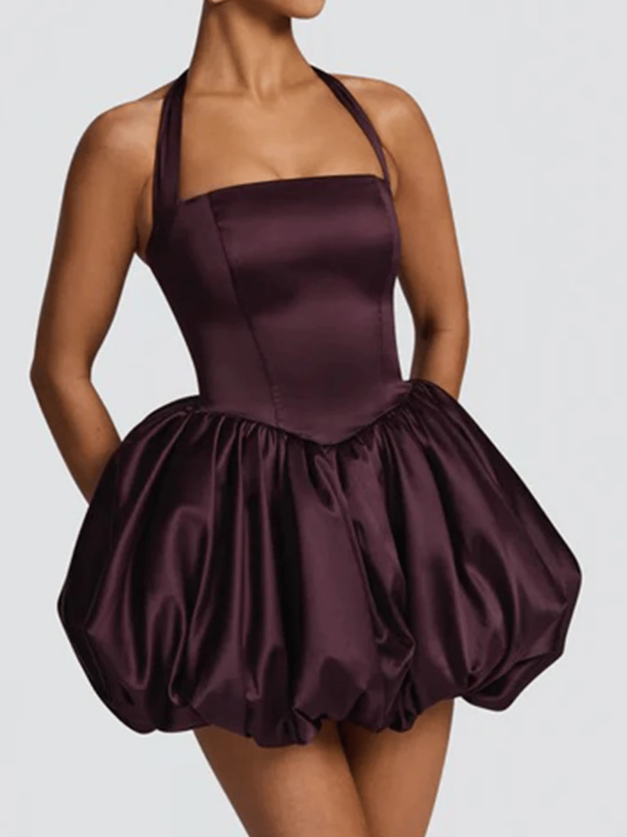 Women Sleeveless Halter Dress Summer Casual Tie Up Backless Corset Bubble Party Dress For Beach Club Streetwear - Cà phê - Xem 1