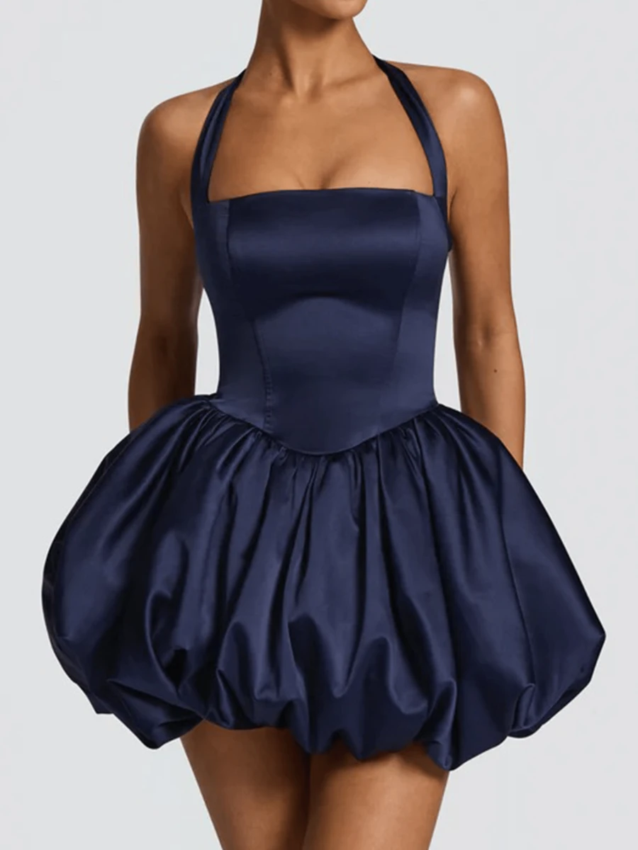 Women Sleeveless Halter Dress Summer Casual Tie Up Backless Corset Bubble Party Dress For Beach Club Streetwear - 藏蓝色 - 查看 1