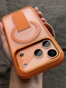 1 件奢华哑光半透明磁性无线充电手机壳带支架适用于 17 Pro Max 16 15 14 13 12 11 Pro Max Plus 金属相机环防震软缓冲硬后盖 - 橘色 - 查看 3