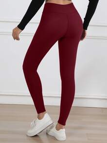 1件装奢华酒红色保暖高腰打底裤 – 柔软舒适，保暖时尚，纯色瑜伽及运动服，完美适合秋冬季节 - 酒紅色 - 查看 5