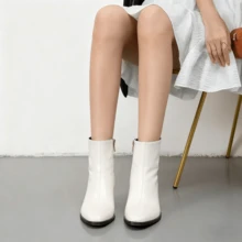 Autumn And Winter Women's Mid-Calf Boots, Short Boots, Available In White, Red, And Black, With Thick Heels And Side Zippers, Simple And Comfortable - 白色 - 查看 2