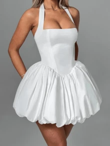 Women Sleeveless Halter Dress Summer Casual Tie Up Backless Corset Bubble Party Dress For Beach Club Streetwear - 白色 - 查看 3