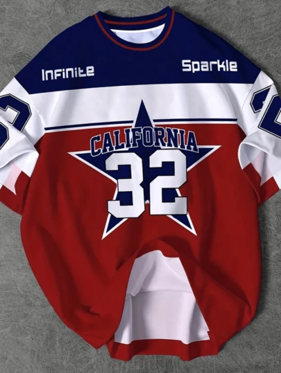 เสื้อยืดเจอร์ซีย์ลาย California Theme #32 สำหรับผู้ชาย - ระบายอากาศได้ดี แขนสั้น ชุดลำลอง, ลายทีมสีแดง/ขาว/น้ำเงิน, พิมพ์ #32, คอกลมทนทาน, เหมาะสำหรับแฟนกีฬา, ของขวัญสำหรับผู้ใหญ่