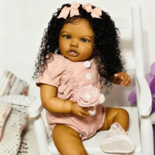 Lifelike Lovely Toddler Dolls Girl 24 Inch 58 Cm Realistic Adorable Newborn Babies Handmade Black Skin Soft Cloth Body Implanted Curly Hair Toddler Birthday Gift For Kids 3+ Girls Boys - 彩色 - 查看 2