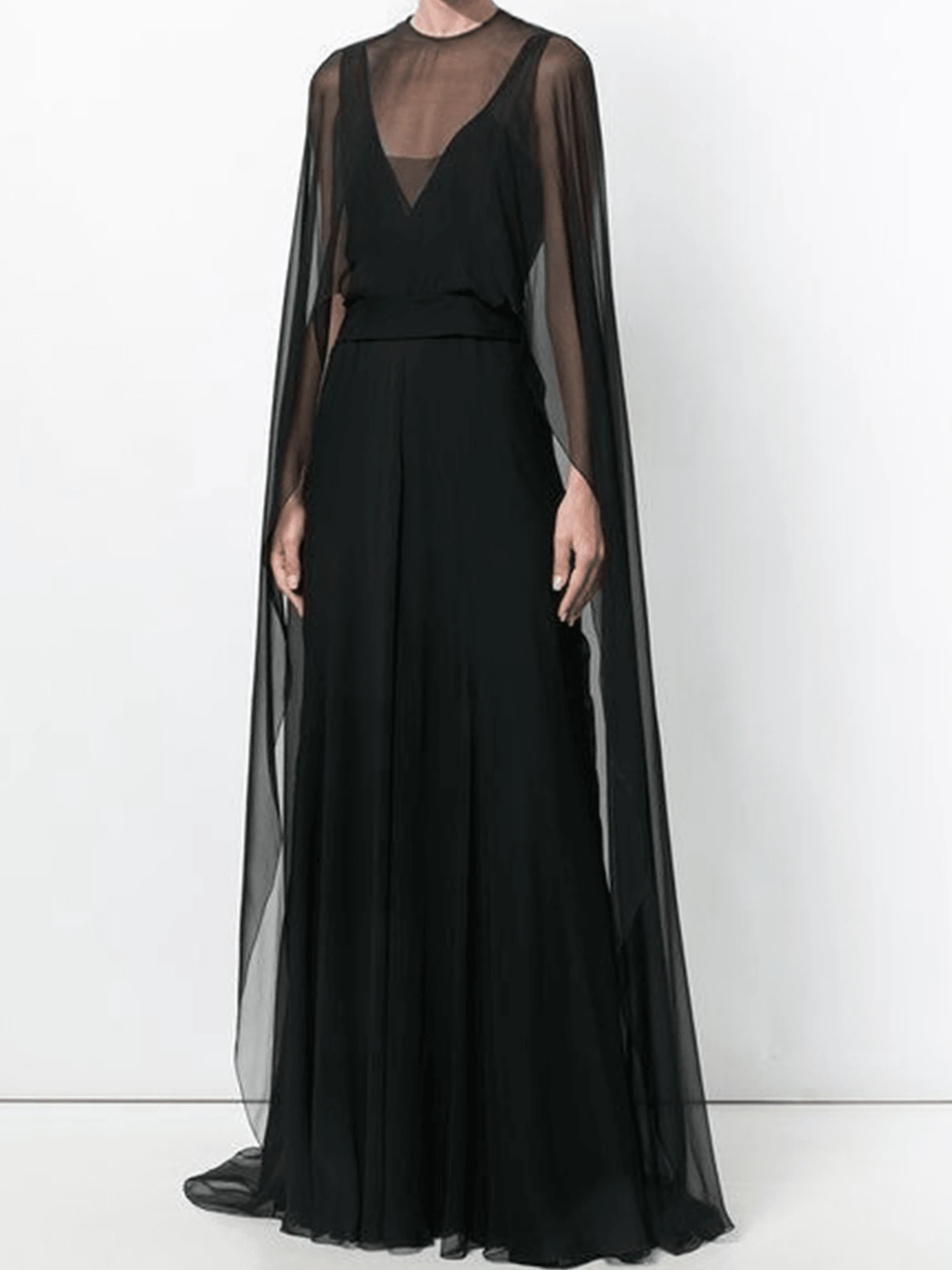 Women Chiffon Long Cape High Low Flowy Poncho Sheer Mesh Shawl And Wraps Capelets Bridal Wedding Evening - 黑色 - 查看 1