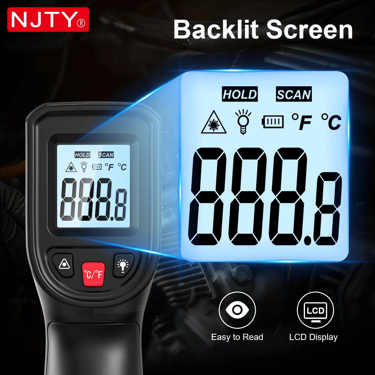 NJTY 1pc Digital Infrared Thermometer Gun, Suitable For Cooking, Grilling And Engine Temperature Detection - Precise Laser Surface Thermometer, Measurement Range -58°F To 1112°F, Orange With Black Accents, LCD Display, Battery Powered (2 AAA Batteries Not Included), Engine Temperature Detection | Stylish Handheld Thermometer | Comfortable Grip - Black - View 6